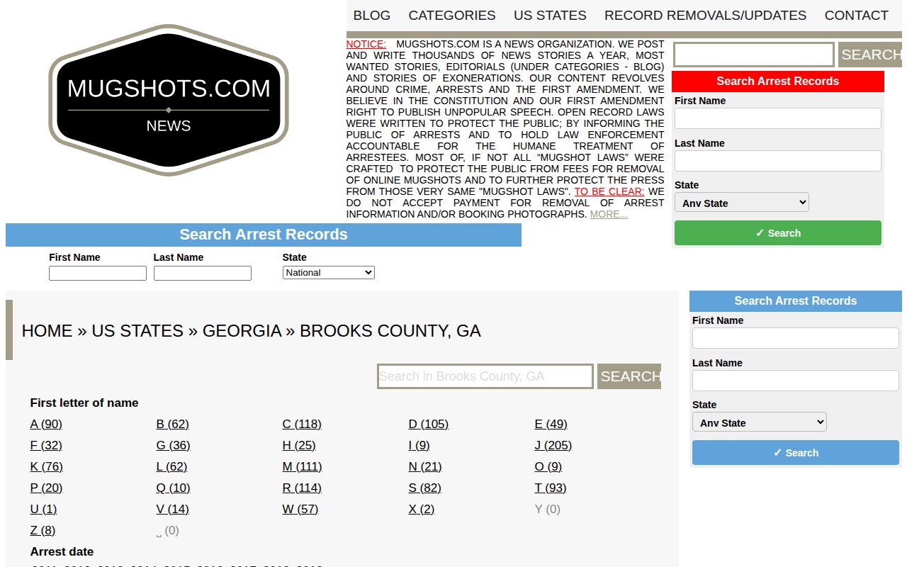 Mugshots.com Brooks County archive page with historical filters