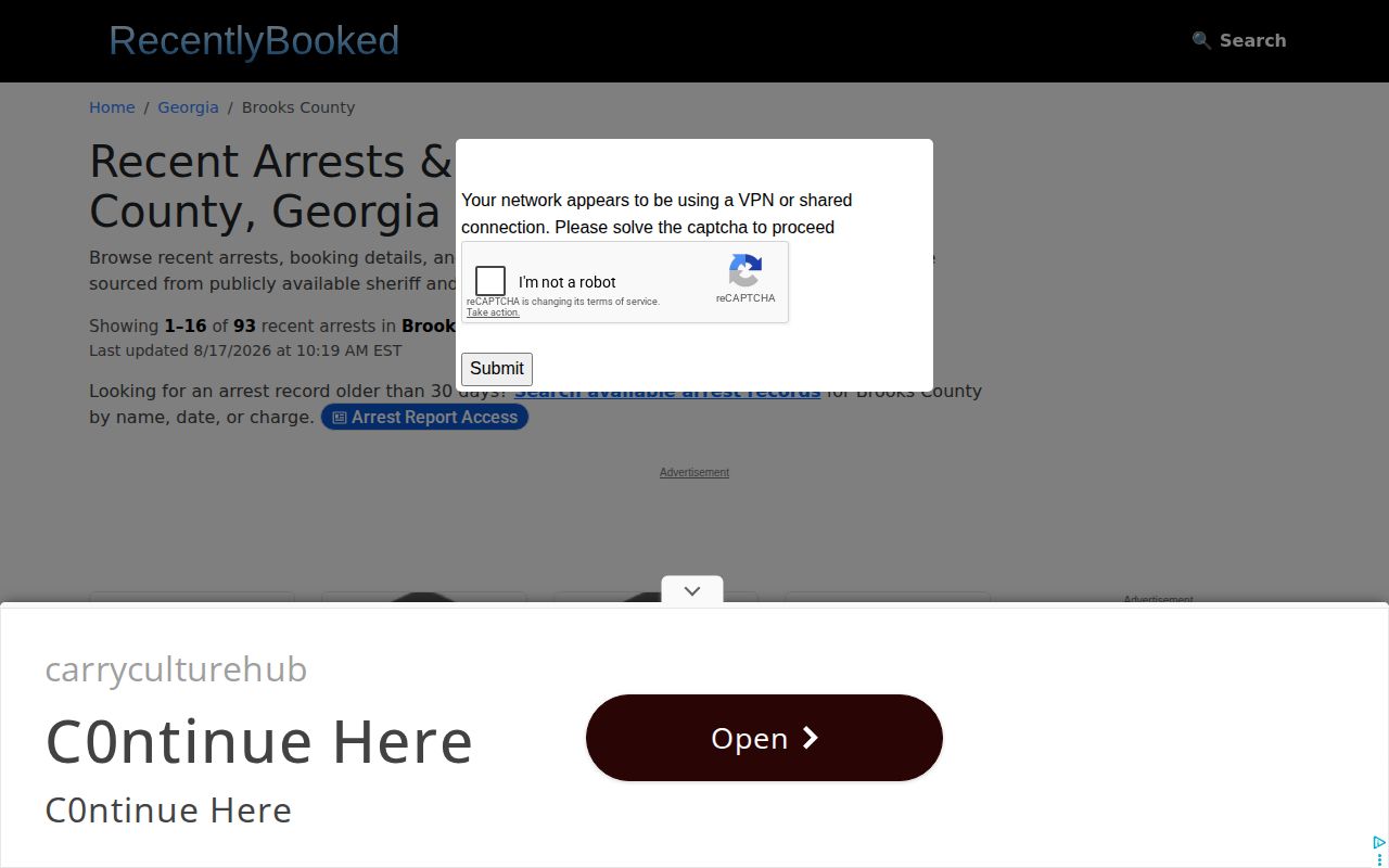 RecentlyBooked Brooks County secondary arrest landing page