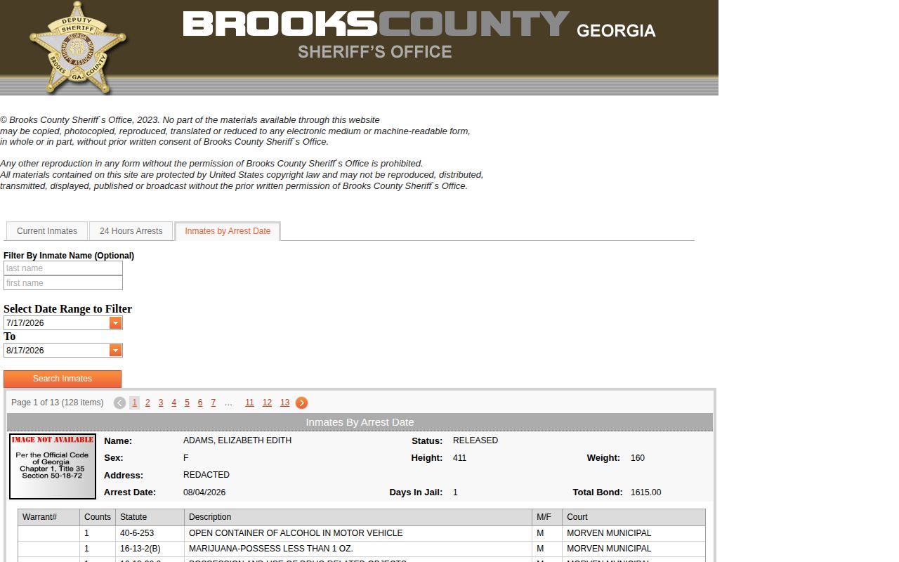Brooks County arrest date search with From and To fields