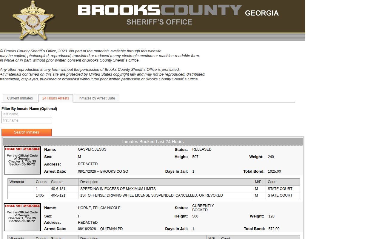 Brooks County official last 24 hours booking feed interface