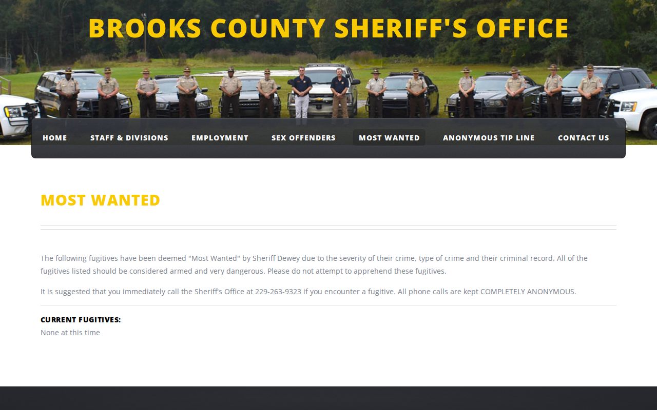 Brooks County Sheriff's official most wanted page showing its current list state
