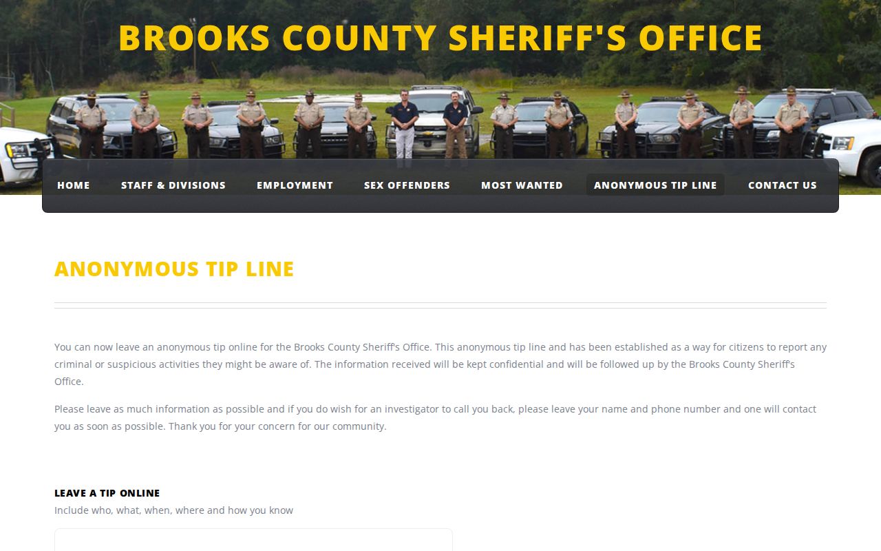 Brooks County Sheriff's anonymous tip form with required description field