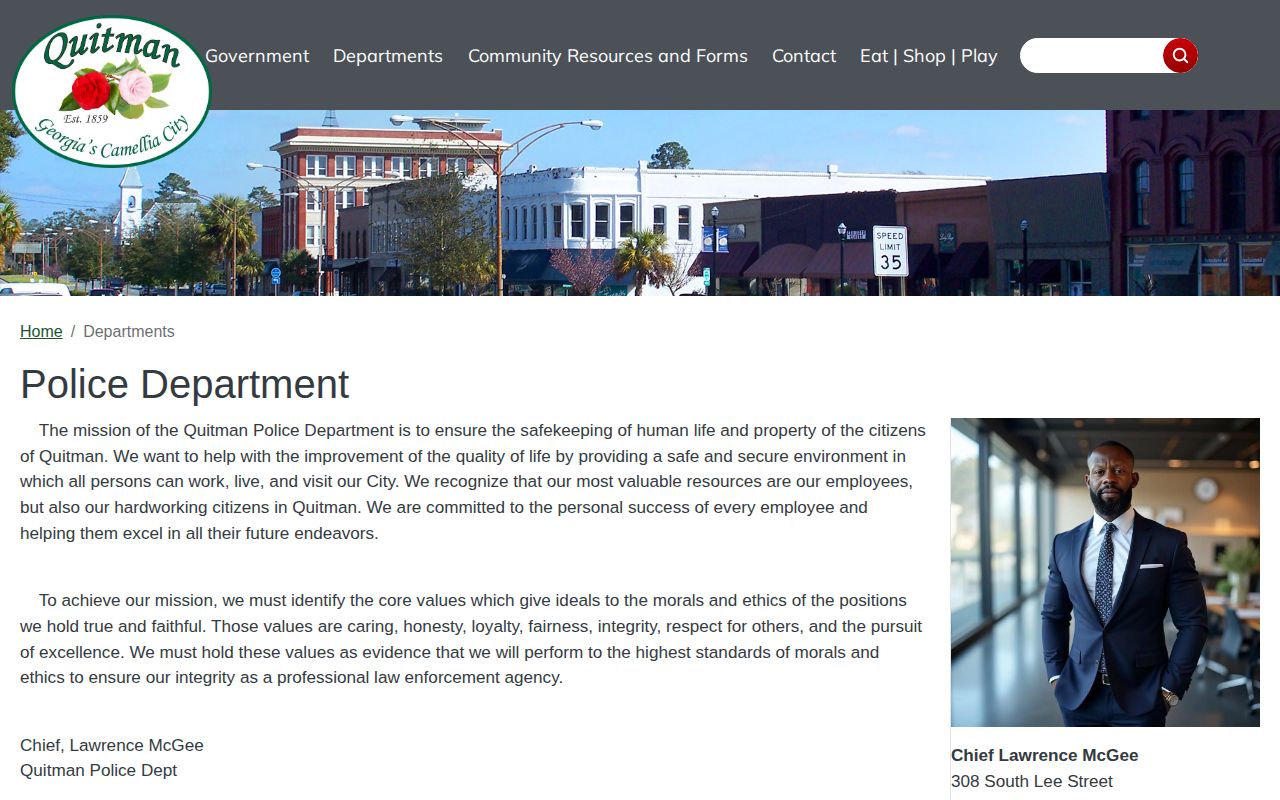 Quitman Police Department official contact page for Brooks County city records